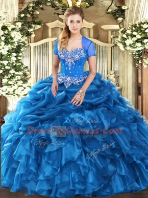Affordable Ball Gowns Quince Ball Gowns Blue Sweetheart Organza Sleeveless Floor Length Lace Up