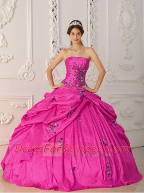 Strapless Ball Gown Hot Pink Taffeta Appliques and Beadings Best Quinceanera Dresses Embroidery