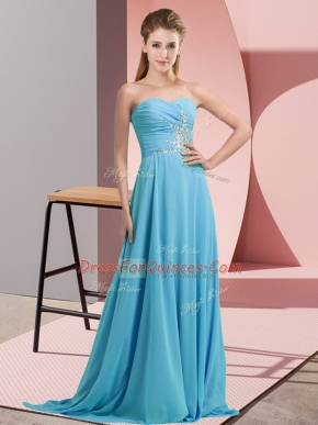 Dazzling Sweetheart Sleeveless Prom Dresses Floor Length Beading Aqua Blue Chiffon