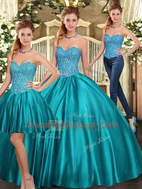 Teal Three Pieces Sweetheart Sleeveless Tulle Floor Length Lace Up Beading Sweet 16 Quinceanera Dress