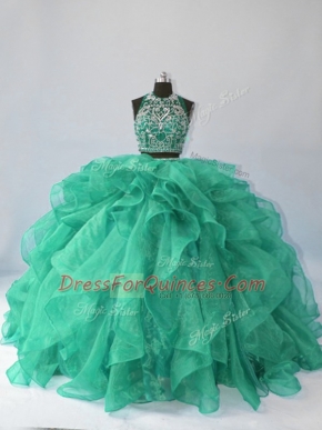 Custom Designed Sleeveless Organza Brush Train Backless 15th Birthday Dress in Turquoise with Beading and Ruffles