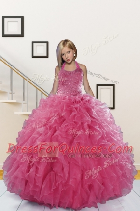 Pink Halter Top Neckline Beading and Ruffles Kids Pageant Dress Sleeveless Lace Up