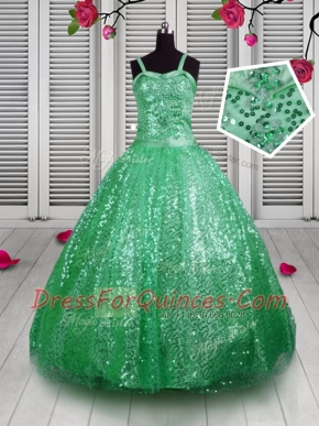 Sequins Ball Gowns Flower Girl Dresses Green Straps Sequined Sleeveless Floor Length Lace Up
