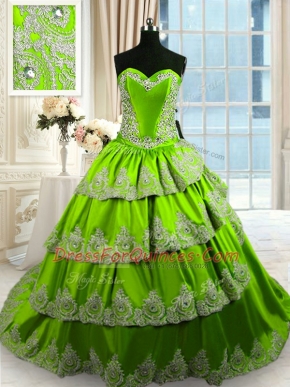 Comfortable Ruffled With Train A-line Sleeveless Green Sweet 16 Dress Court Train Lace Up
