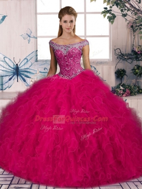 Hot Pink Off The Shoulder Neckline Beading and Ruffles Ball Gown Prom Dress Sleeveless Lace Up