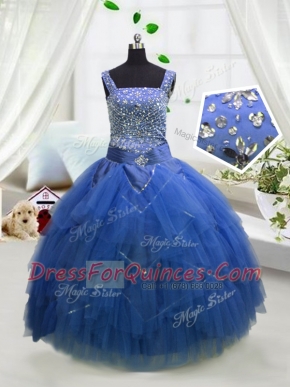 Floor Length Ball Gowns Sleeveless Royal Blue Flower Girl Dresses Lace Up