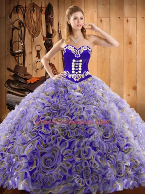Popular Multi-color Ball Gowns Sweetheart Sleeveless Satin and Fabric With Rolling Flowers With Train Sweep Train Lace Up Embroidery Quince Ball Gowns