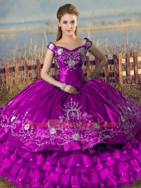 Great Purple Satin and Organza Lace Up Off The Shoulder Sleeveless Floor Length Vestidos de Quinceanera Embroidery and Ruffled Layers