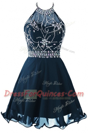 Scoop Sleeveless Mini Length Beading and Belt Zipper Prom Dresses with Navy Blue