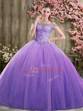 Cheap Sleeveless Floor Length Beading Lace Up Quinceanera Gown with Lavender