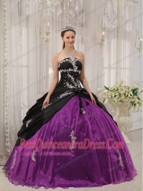 Black and Purple Ball Gown Strapless Floor-length Taffeta and Organza Appliques Quinceanera Dress