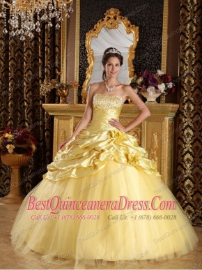 Yellow Ball Gown Strapless Floor-length Taffeta and Tulle Beading Sweet 16 Dress