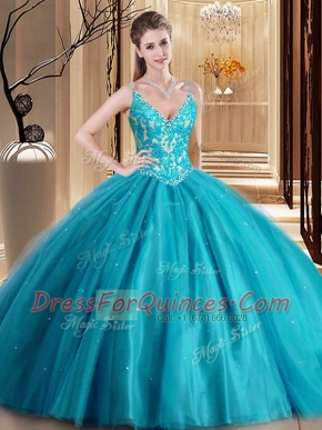 Edgy Teal Sleeveless Floor Length Beading and Lace and Appliques Lace Up Quinceanera Dresses