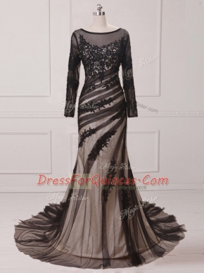 Elegant Black Dress for Prom Scoop Long Sleeves Brush Train Zipper