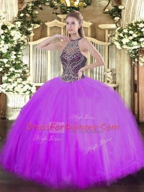 Pretty Floor Length Lace Up Ball Gown Prom Dress Lilac for Military Ball and Sweet 16 and Quinceanera with Beading