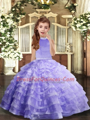 Elegant Lavender Halter Top Neckline Beading and Ruffled Layers Little Girls Pageant Dress Wholesale Sleeveless Backless