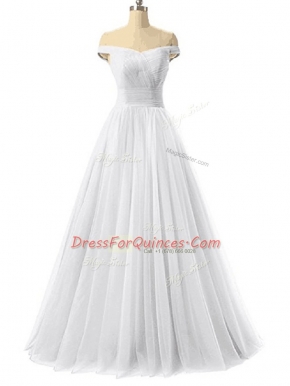 Nice White Sleeveless Ruching Floor Length Prom Party Dress