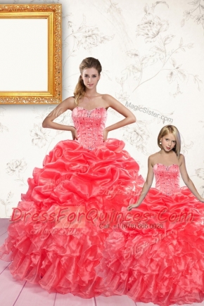 Organza Sweetheart Sleeveless Lace Up Beading and Ruffles and Pick Ups Quinceanera Gown in Coral Red