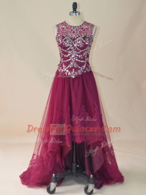 Burgundy Scoop Neckline Beading and Lace Dress for Prom Sleeveless Lace Up