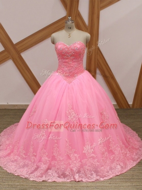Sleeveless Beading and Lace Lace Up Quinceanera Dresses with Rose Pink Brush Train