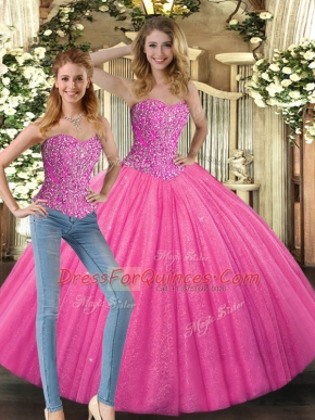 Custom Design Hot Pink Ball Gowns Tulle Sweetheart Sleeveless Beading Floor Length Lace Up Vestidos de Quinceanera