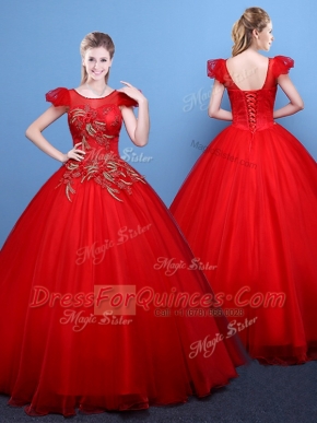 Hot Selling Scoop Short Sleeves Floor Length Appliques Lace Up Quinceanera Gowns with Red