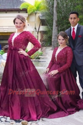 Scoop With Train A-line Long Sleeves Burgundy Homecoming Dress Sweep Train Zipper