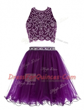 Superior Purple Clasp Handle Scoop Beading Prom Evening Gown Chiffon Sleeveless