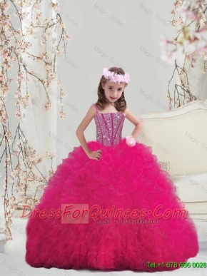 Lovely Spaghetti Hot Pink Little Girl Pageant Dresses with Beading and Ruffles