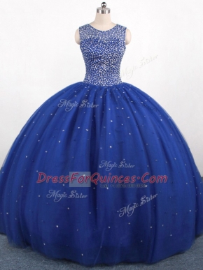 Royal Blue Tulle Zipper Scoop Sleeveless Floor Length Sweet 16 Dress Beading