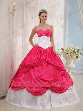 Coral Red and White Ball Gown Sweetheart Floor-length Taffeta Appliques Quinceanera Dress