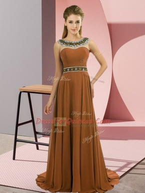 Fashionable Zipper Prom Party Dress Brown for Prom and Party with Beading Brush Train