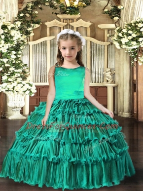 Best Ruffled Layers Kids Pageant Dress Turquoise Lace Up Sleeveless Floor Length