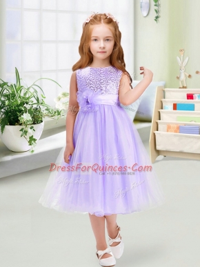 Tea Length Lavender Flower Girl Dresses Scoop Sleeveless Zipper