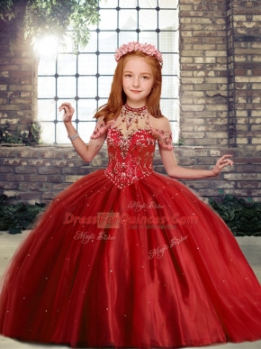 Red Pageant Dress Toddler Party and Wedding Party with Beading High-neck Sleeveless Lace Up