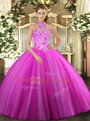 Fuchsia Halter Top Lace Up Embroidery Sweet 16 Dress Sleeveless