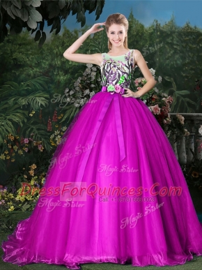 Exceptional Fuchsia Organza Zipper Scoop Sleeveless Sweet 16 Dresses Brush Train Appliques and Belt