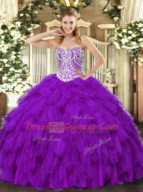 Glittering Floor Length Purple Sweet 16 Quinceanera Dress Tulle Sleeveless Beading and Ruffles