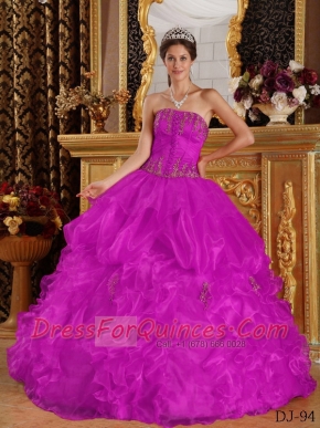 Discount Quinceanera Dress In Fuchsia Ball Gown Strapless With Appliques Organza