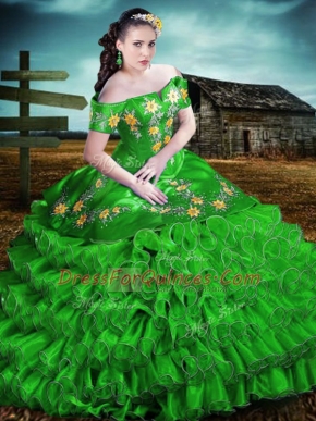 Floor Length Green 15th Birthday Dress Off The Shoulder Sleeveless Lace Up