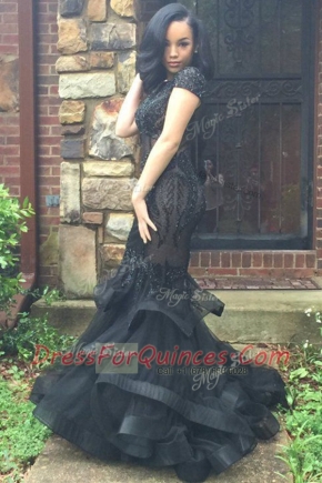 Excellent Mermaid Scoop Black Cap Sleeves With Train Beading and Ruffles Zipper