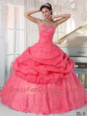 Organza Watermelon Beading Strapless Ball Gown Dress with Appliques and Ruching