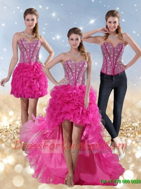 Detachable 2015 Hot Pink High Low Sweetheart Prom Dresses with Beading and Ruffled Layers