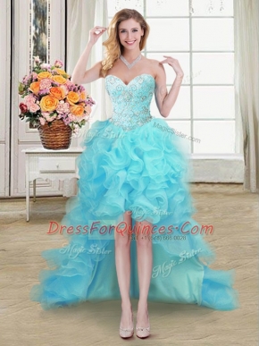 Exquisite Aqua Blue Organza Lace Up Evening Dress Sleeveless High Low Beading and Ruffles
