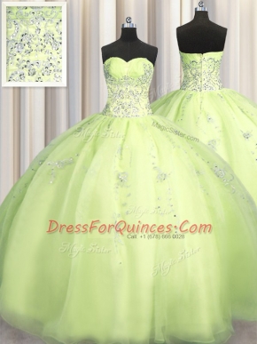 Customized Big Puffy Yellow Green Sleeveless Beading and Appliques Floor Length Quinceanera Gown