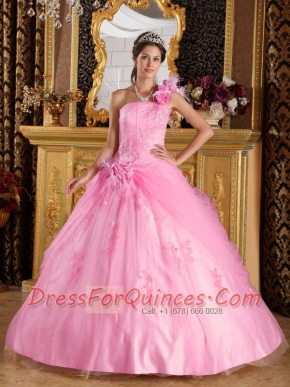 Elegant Pink Ball Gown One Shoulder Floor-length Appliques Tulle For Sweet 16 Dresses