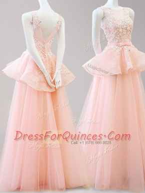 Super Peach A-line Scoop Sleeveless Tulle Floor Length Backless Appliques and Belt Prom Dresses