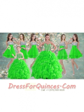 Really Puffy Spring Green Sweet 16 Dress and Sequined Short  Dama Dresses and Beaded and Ruffled Mini Quinceanera Dress