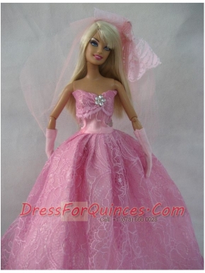 Romantic Rose Pink Strapless Lace Wedding Dress For Barbie Doll