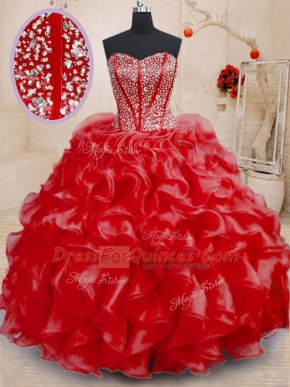 Sweetheart Sleeveless 15 Quinceanera Dress Floor Length Beading and Ruffles Red Organza